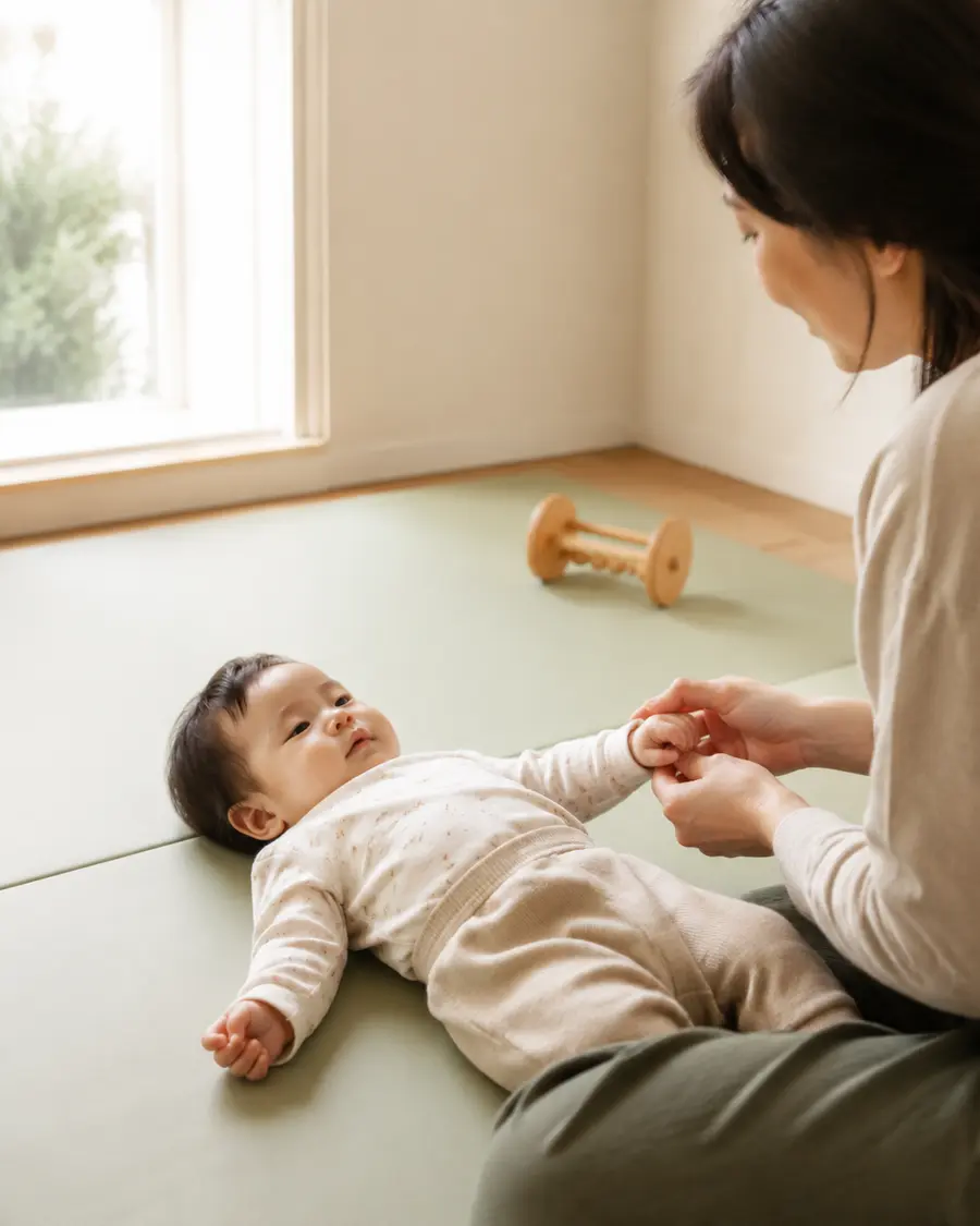 밝은 아침, 놀이매트에서 아기와 손을 맞잡은 부모